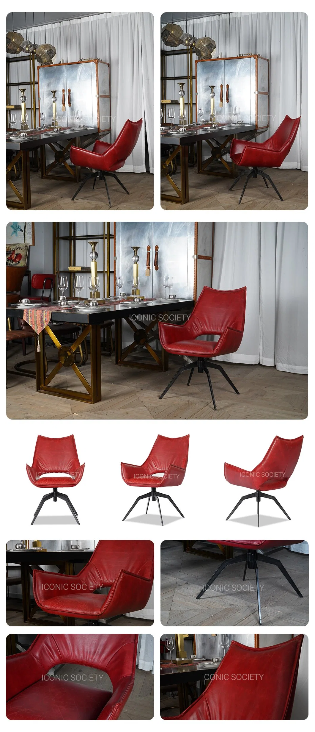 Modern High Back Living Room Furniture Home Hotel Stable Metal Frame Restaurant Chair Curvy Genuine Leather Dining Chairs