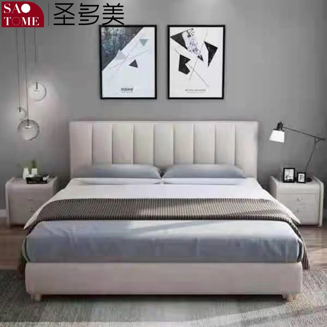 Modern Bedroom Furniture off-White with Dark Grey Leather and Solid Wood Frame Double Bed