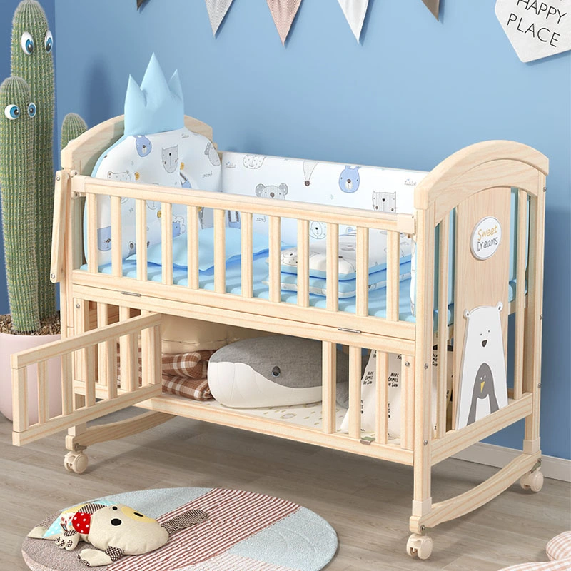 New Baby Cribs Natural Unpainted Solid Pine Wood Baby Bed Crib Cot Adjustable Wheels Shaking Table Kid&prime;s Crib Bedroom Furniture