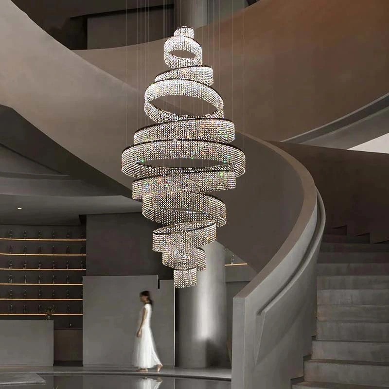 Ring Luxury Staircase Crystal LED Chandelier for Living Room Lobby Large crystal Interior Lighting (WH-NC-114)