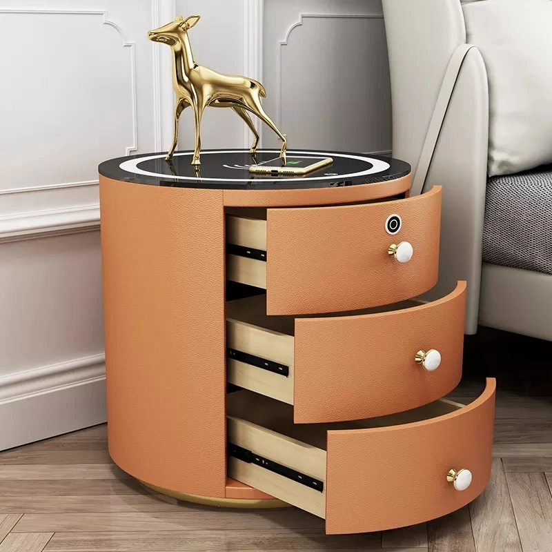 New Round Design Smart Bedroom Nightstands Touch LED Lights Modern Smart Leather Finish Bedside Table