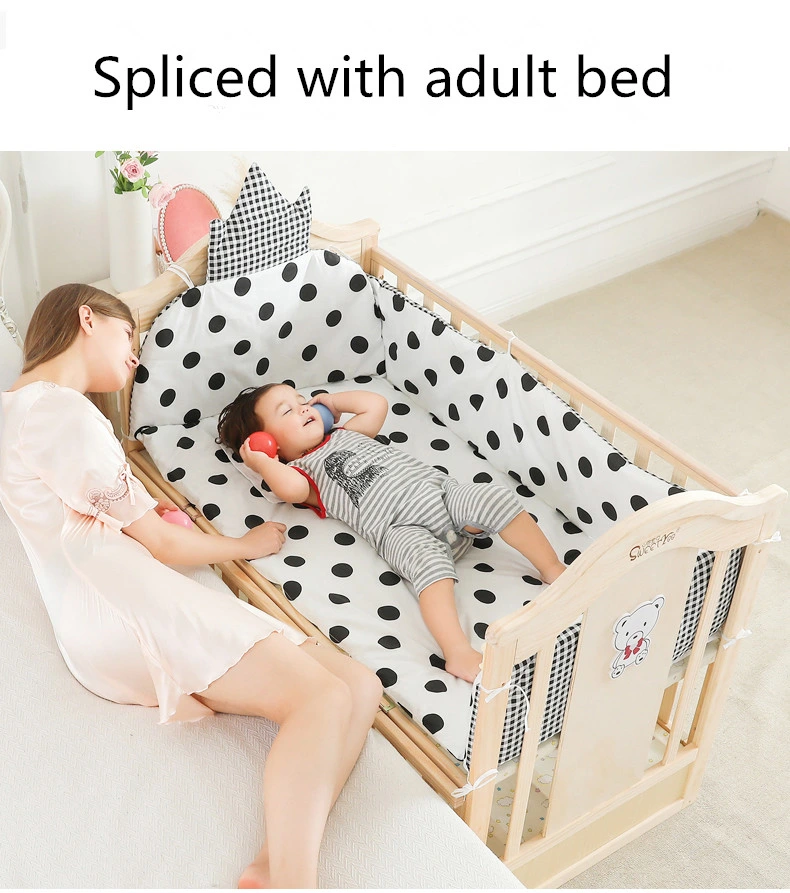 Modern Baby Bedroom Bedside Crib Attached to Adult Bed Wooden Cherry Color Baby Bed Cot