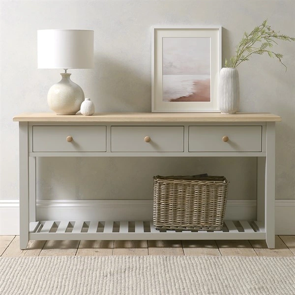 New Arrival Modern Nordic Stylish Grey Painted Oak Modern Wooden Console Table With3 Drawer Contemporary Painted Narrow Hallway Table Living Room Bedroom Dresse