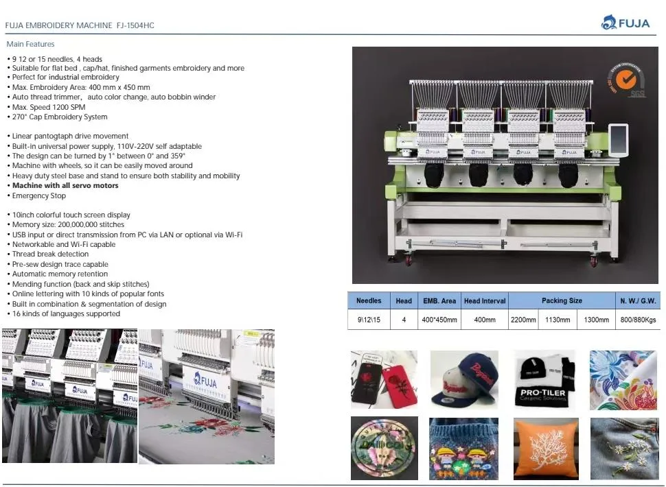 Industrial 4 Head Multi Needles Digital Computerized High Speed Clothes Hats Embroidery Machine