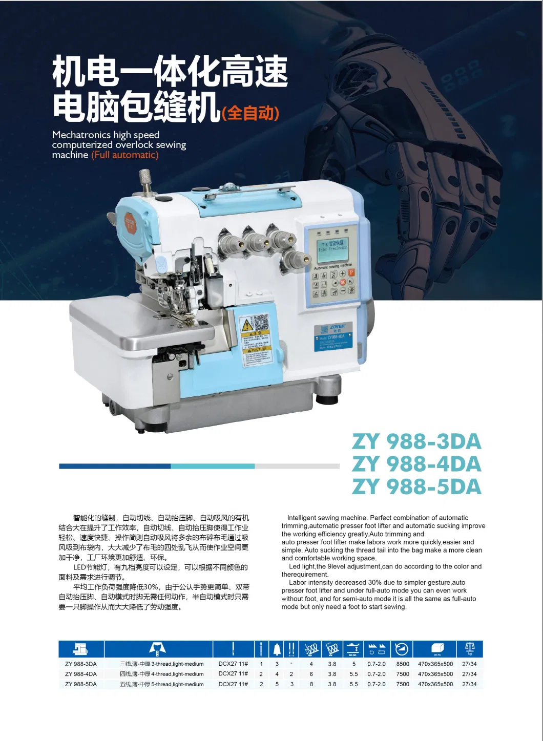 Zy988n-4da Zoyer Ex Series 4-Thread Super High Speed Auto Trimmer Full Automatic Overlock Sewing Machine