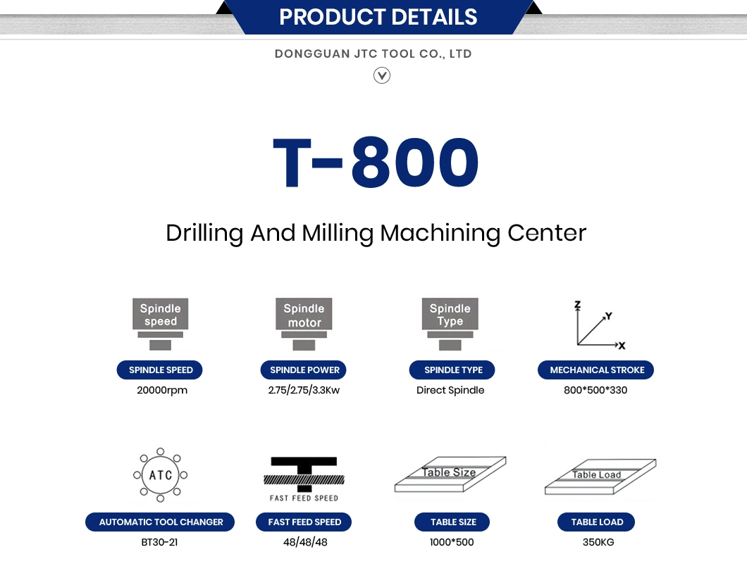 Jtc Tool Automatic Thread Tapping Machine China Factory Benchtop CNC Mill 0.01mm Positioning Accuracy T800 High Speed Drilling and Milling Machining Center