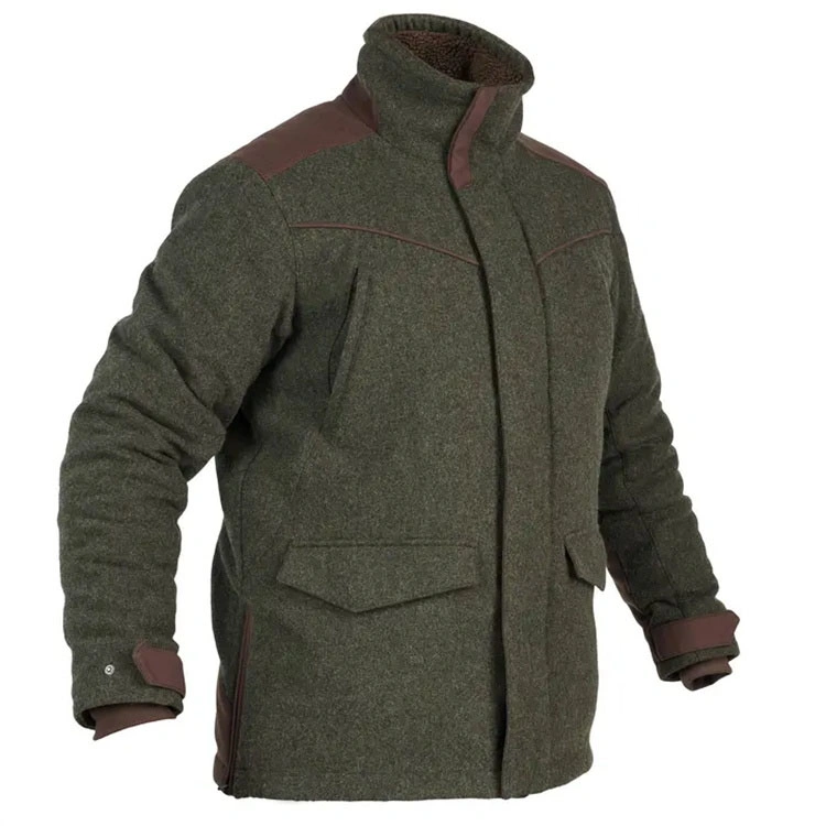 Good Quality Waterproof Warm Wool Silent Hunting Jacket Green with Fleece Lining