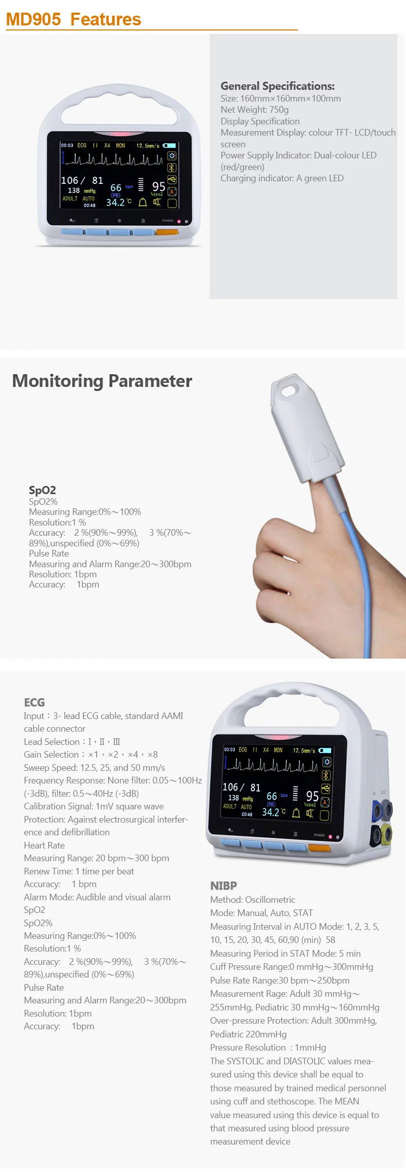 Patient Monitor of High Resolution 5&quot; Color TFT Touch Screen