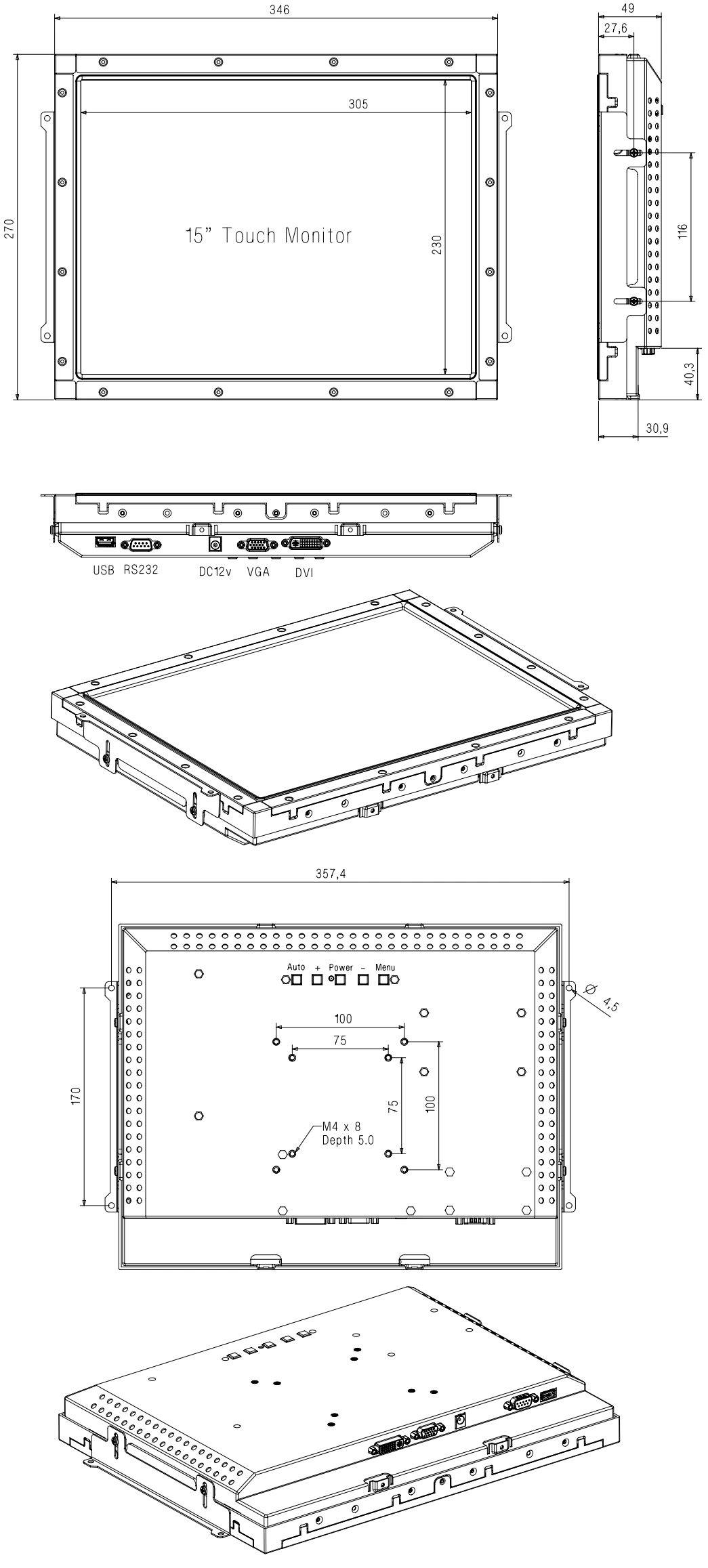 Kiosk LCD Touch Screen Computer Monitor 15&prime;&prime; with Saw Touchscreen