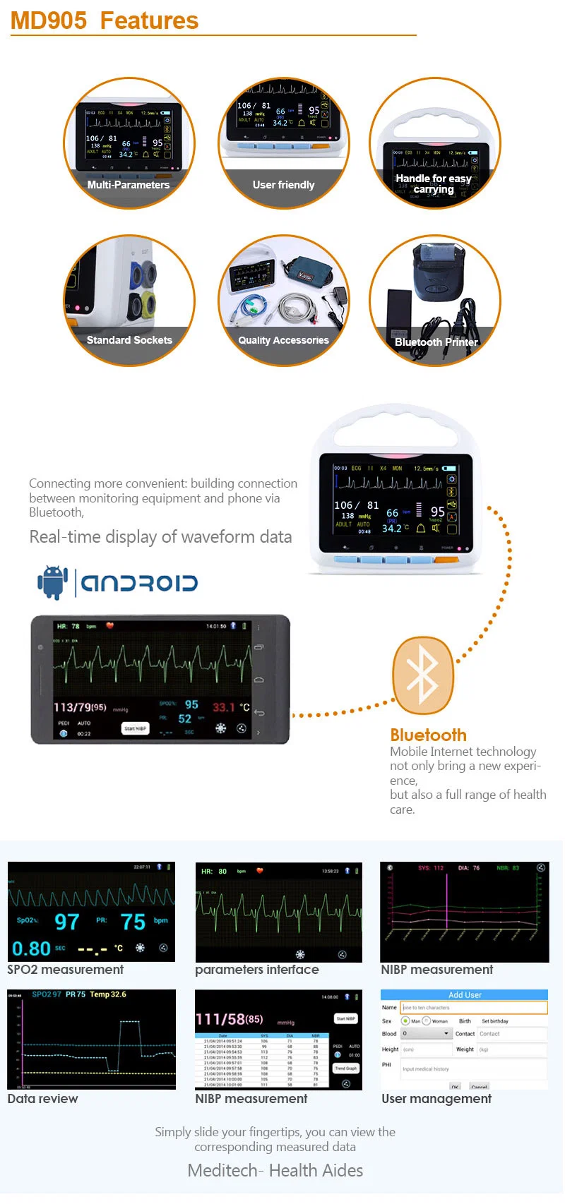 Handheld 5&quot; ICU Patient Monitor with Android Feature