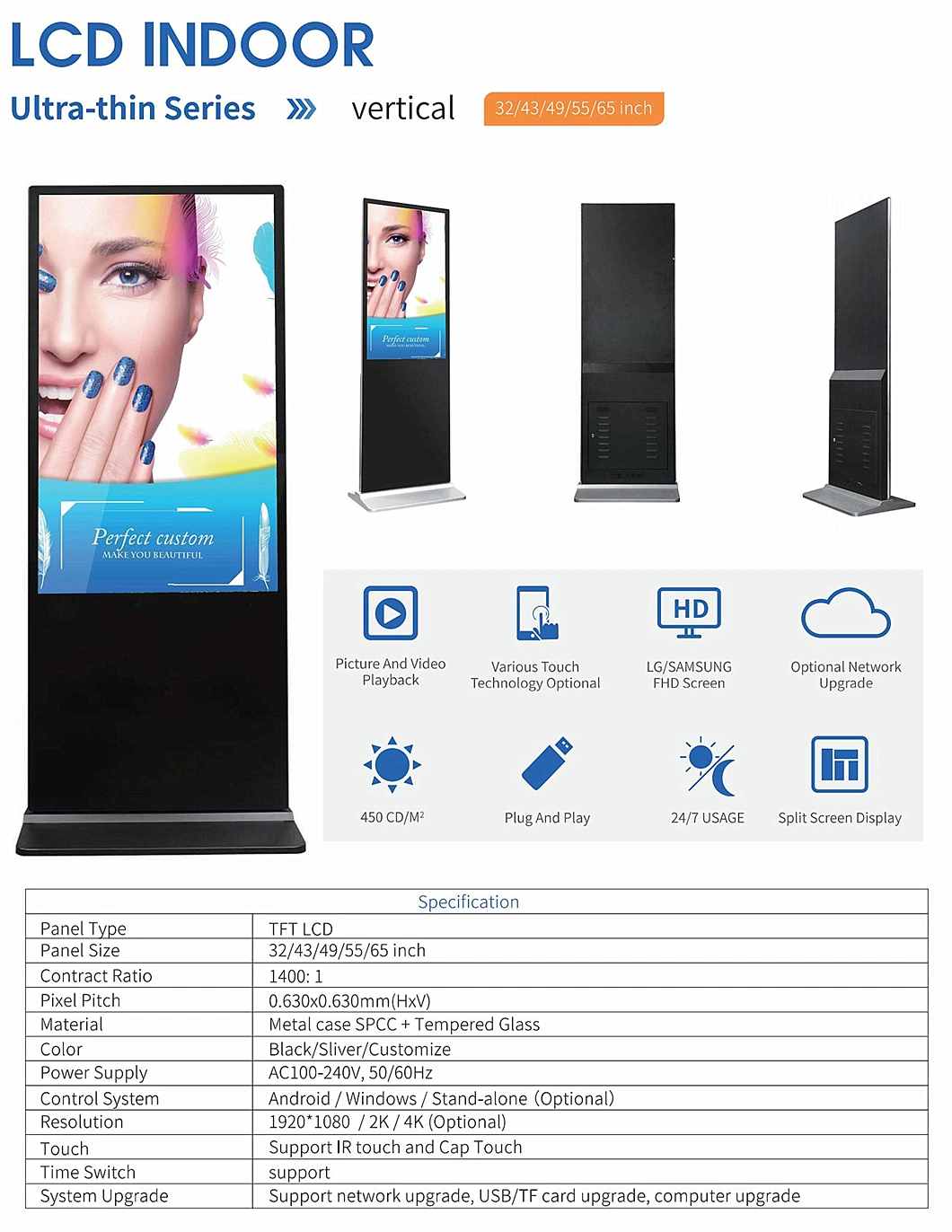 4K Interactive TFT Floor Stand 43 55 65 Inch Totem LED Backlit Advertising Display Capacitive Digital Signage Panel Information Kiosk Screen LCD TV Touch Screen
