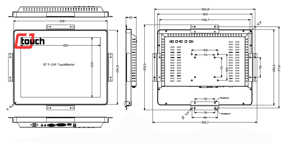 Industrial Monitor Pcap Multitouch 15 Inch LED IPS FHD 4: 3 4ms VGA USB DVI Openframe Kiosk PC TFT LCD Display