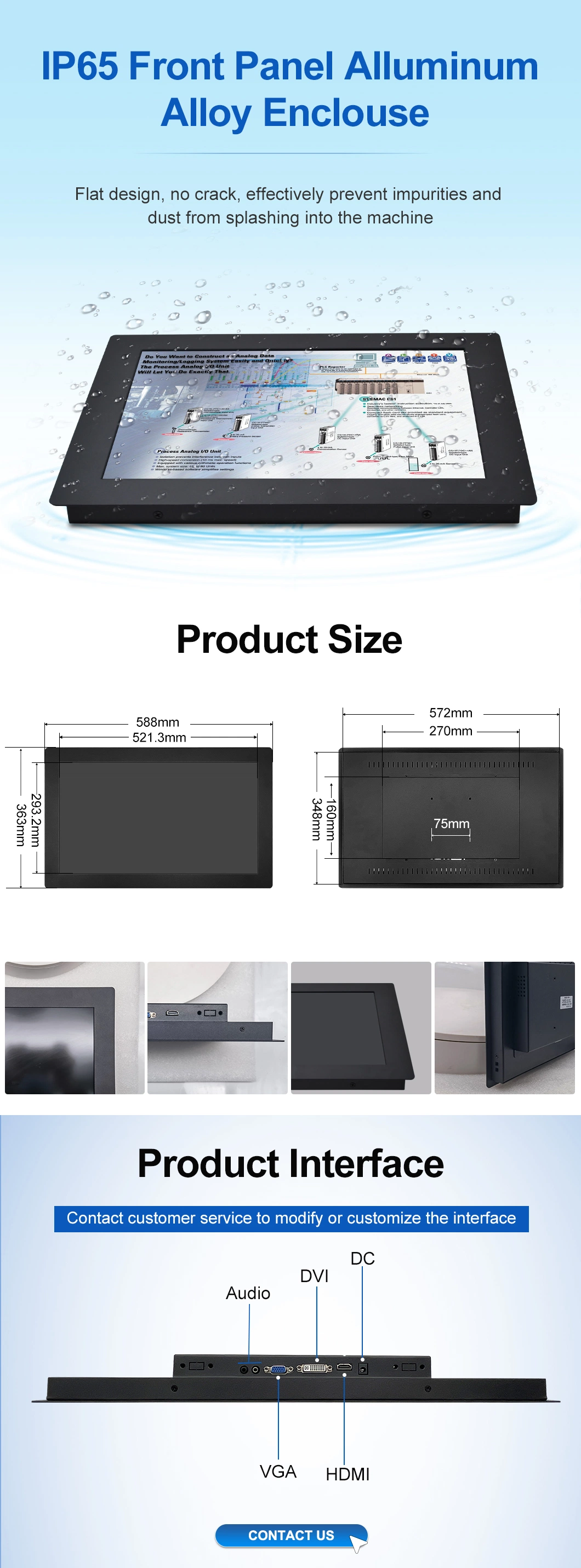 23.6 / 23 / 24 Inch 2K HD Wall Embedded Touch Panel PC Industrial Computer with Metal Case HDMI VGA Port