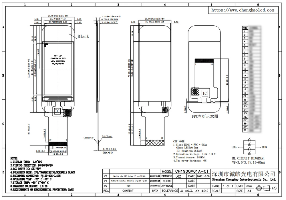 Industrial Display 1.9&prime;&prime; 170*320 Resolution TFT IPS Touch Scren Panel