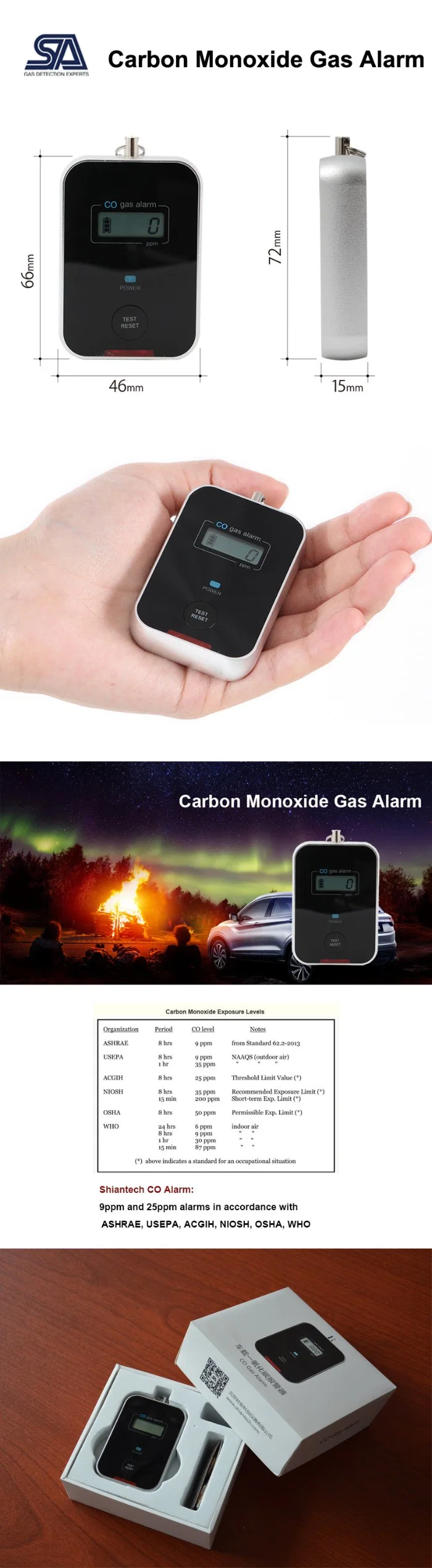 Light Weight Easy Carry Co Gas Alarm Indoor Outdoor Carbon Monoxide Gas Detector Co Gas Monitor