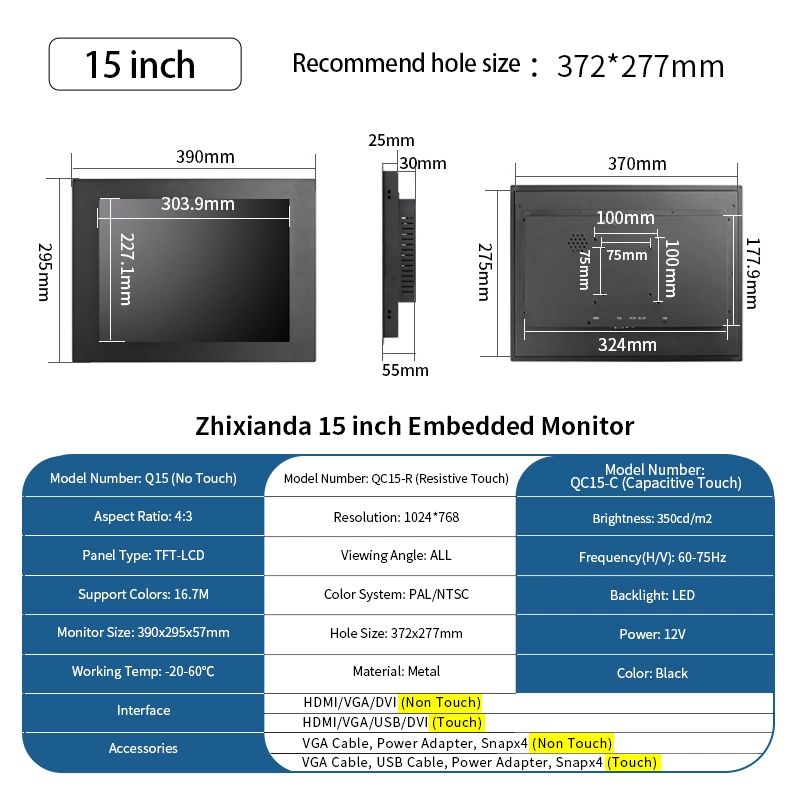 15 Inch 1024*768 HDMI VGA DVI LCD Screen Monitor Industrial Metal Wall Hanging Embedded Computer