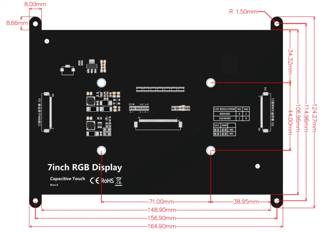 SSD1963 Adapter 7.0 Inch IPS 1024X600 Stm32 Esp32 MCU Parallel Port Capacitive Touch LCD Module