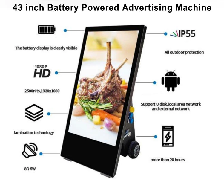 43in Portable Outdoor Waterproof IP65 Battery Powered High Brightness LCD Display Digital Signage Advertising Display