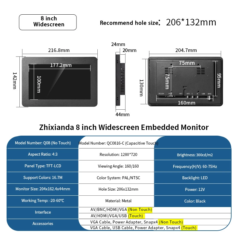 8 Inch Widescreen 1280*720 HDMI VGA AV Non Touch Screen Metal Case Embedded PC Industrial Grade LCD Monitor