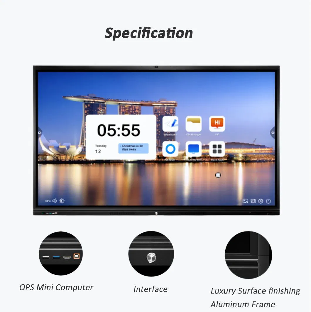 55 65 75 86 98 110 Inch Android 13 Interactive Whiteboard Touch Screen Whiteboard Built in Camera Microphone Interactive Flat Panel for Education and Conference
