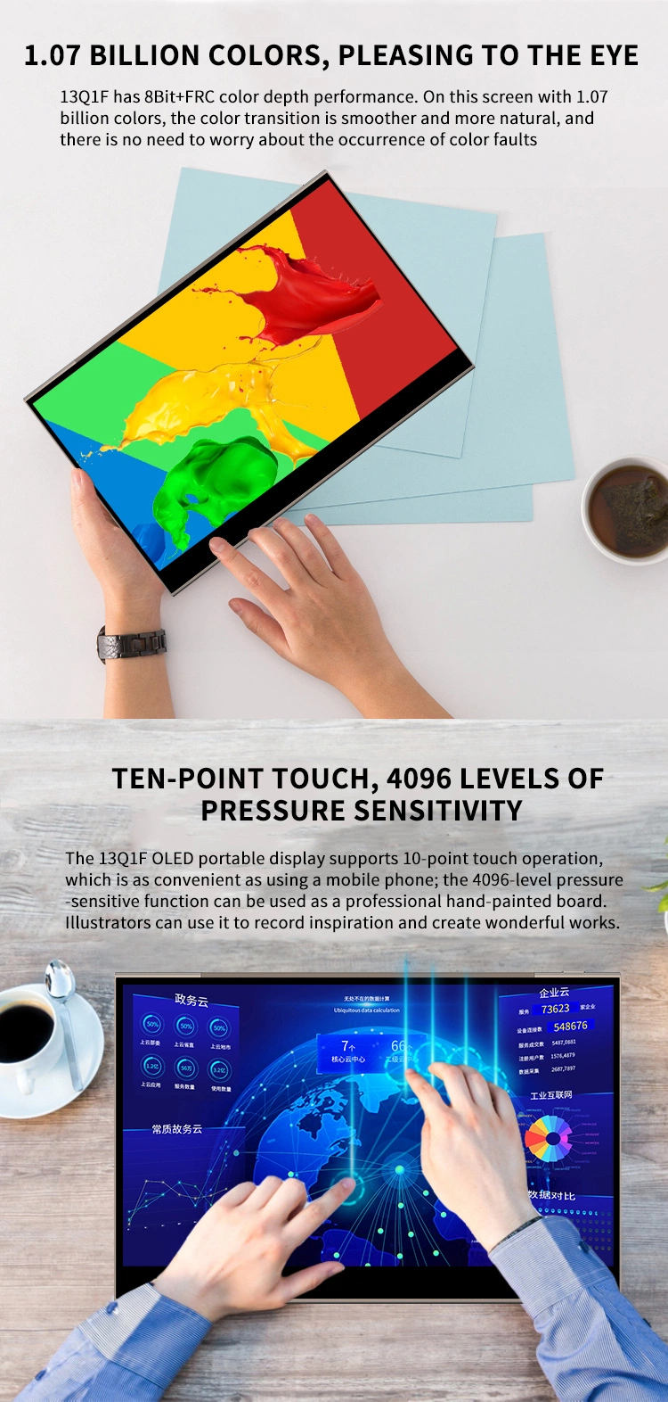 High Quality 13.3 Inch 1920*1080 Flat 60Hz TFT Panel Touch Screen Portable OLED Monitor