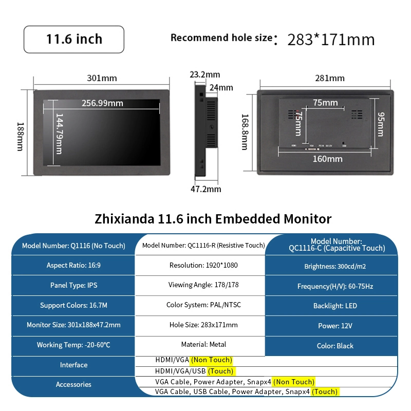 Embedded 11.6 Inch 1366*768 HDMI VGA Non Touch Screen Display Metal Case Wall Mount Panel Computer Industrial LCD Monitor