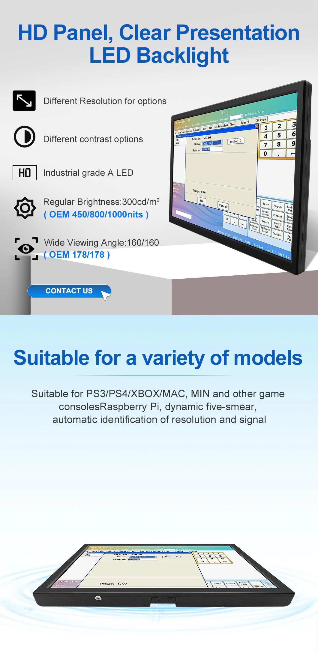 19.2 Inch 1440*900 HDMI VGA AV BNC USB Non Touch Wide Screen Plastic TFT Vesa Wall Mounted Desktop Stand OEM ODM Industrial Factory POS CCTV Monitor