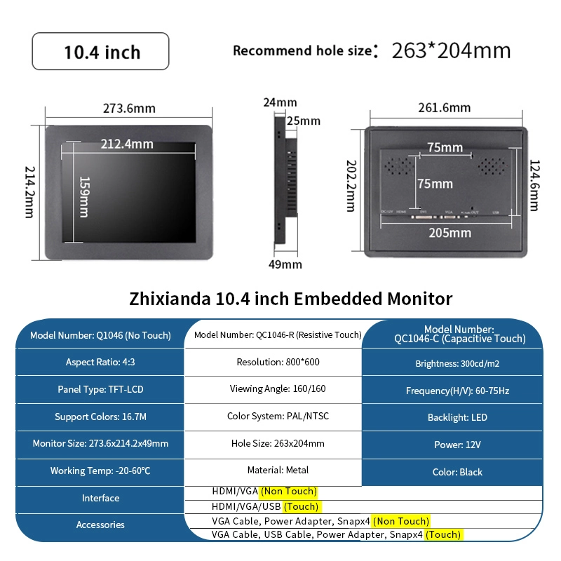 OEM ODM 10.4 Inch 1024*768 HDMI VGA LCD Screen Display Metal Case TFT Embedded Industrial Monitor