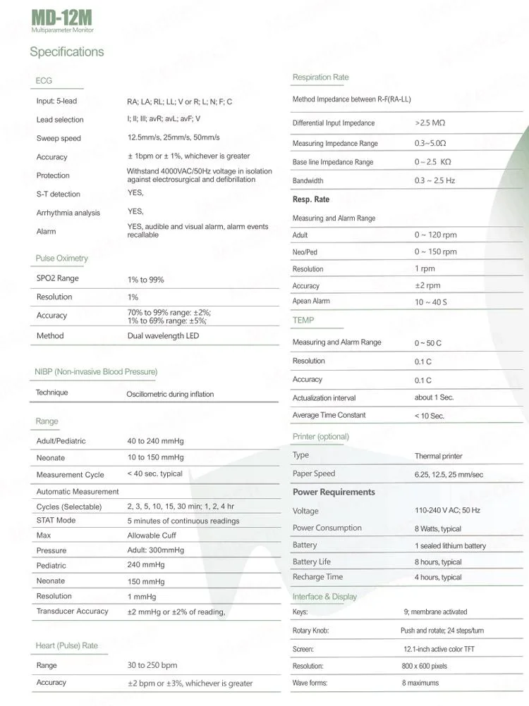 CE Approved 12.1 Inch Patient Monitor with Touch Screen