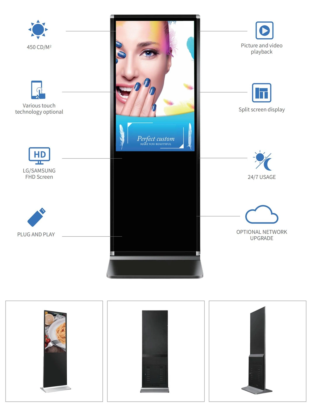 65 in 4K Commercial Interactive Touchscreen 55&quot; Indoor LCD Floor Standing Touch Screen Price Digital Totem Advertising Display Digital Signage Ad Player Kiosk