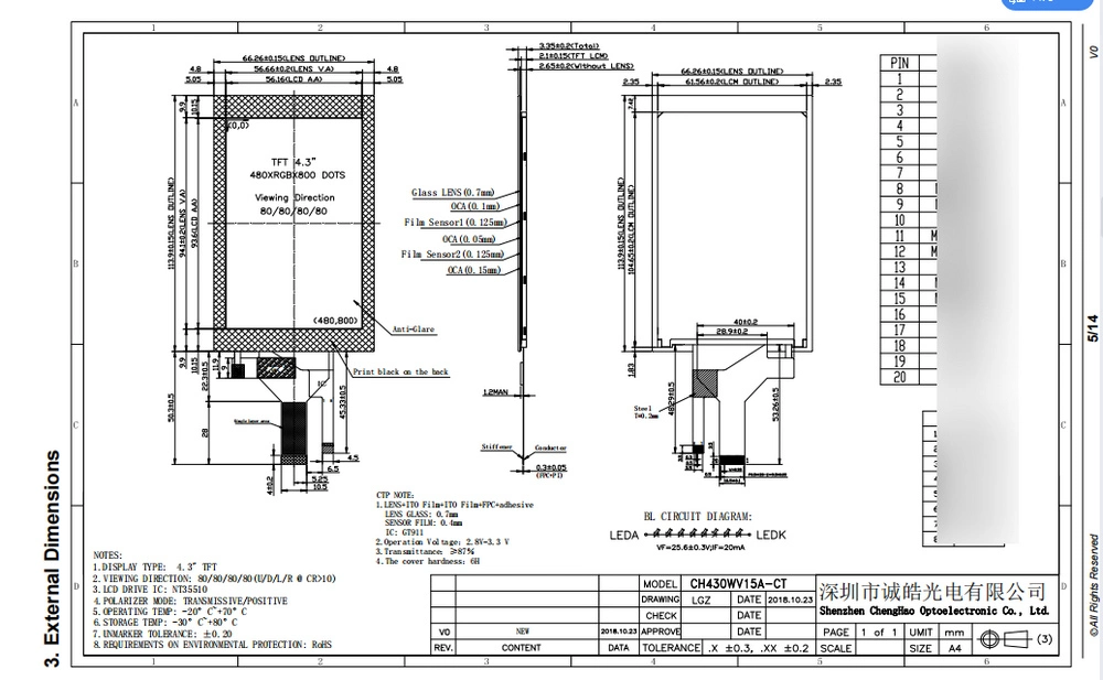 Shenzhen Manufacturer Small LCD/LCM 4.3&quot; 480*800 Sunlight Readable TFT Touch Screen with I2c CTP