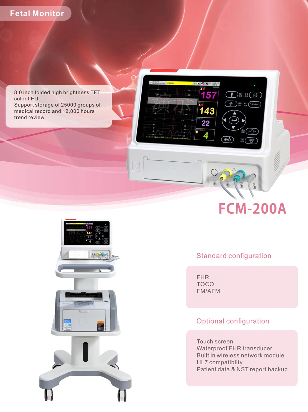 Portable Ctg Machine Fetal Monitor with Printer and Large Screen