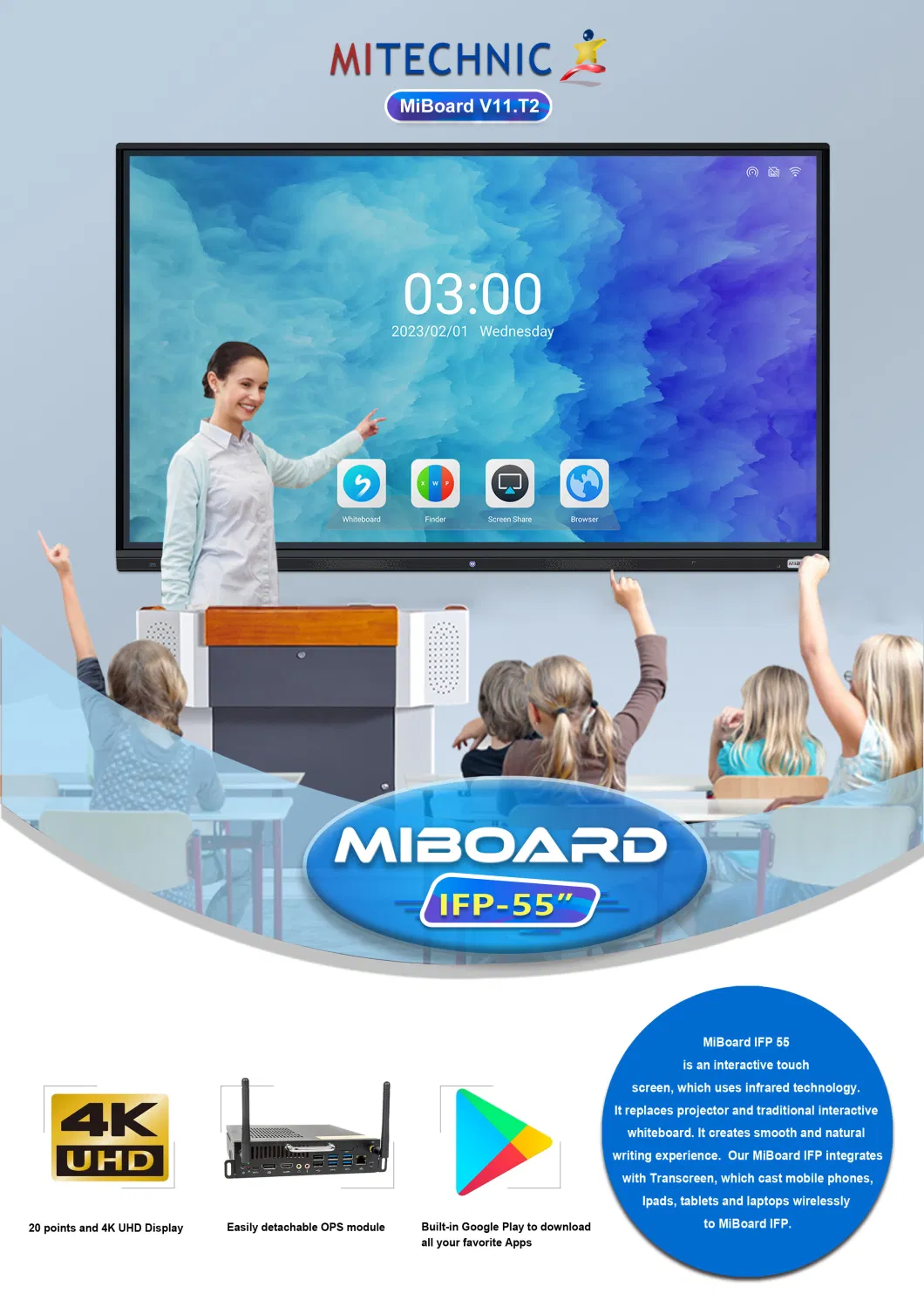 4K Multi Infrared LED Computer Touch Interactive Flat Smart Board Miboard Miboard V11. T2 Conference Meeting Whiteboard Display LCD Screen 55 Inch