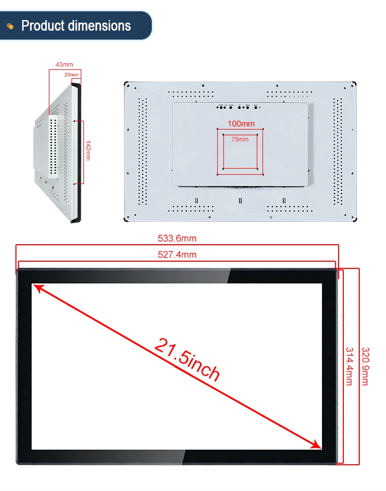 Portworld Embedded 300 Nits IPS Industrial Touch Screen Monitor with DVI HDMI