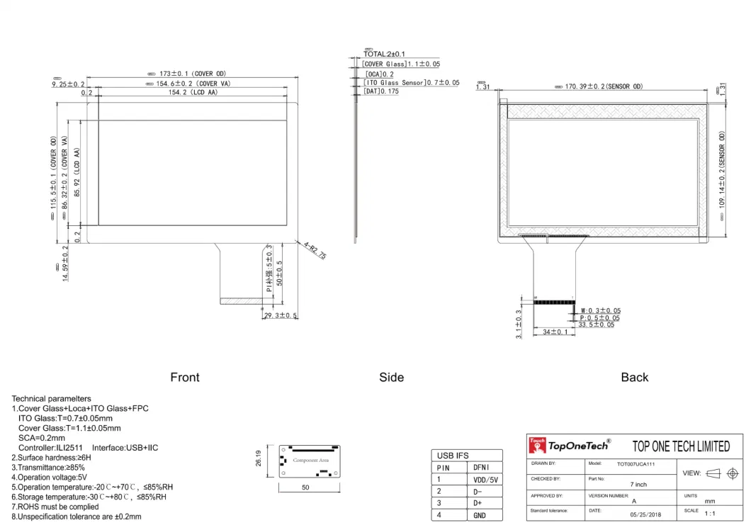 Industrial 7 Inch LCD Display Module Optical Bonded on Capacitive Touch Panel