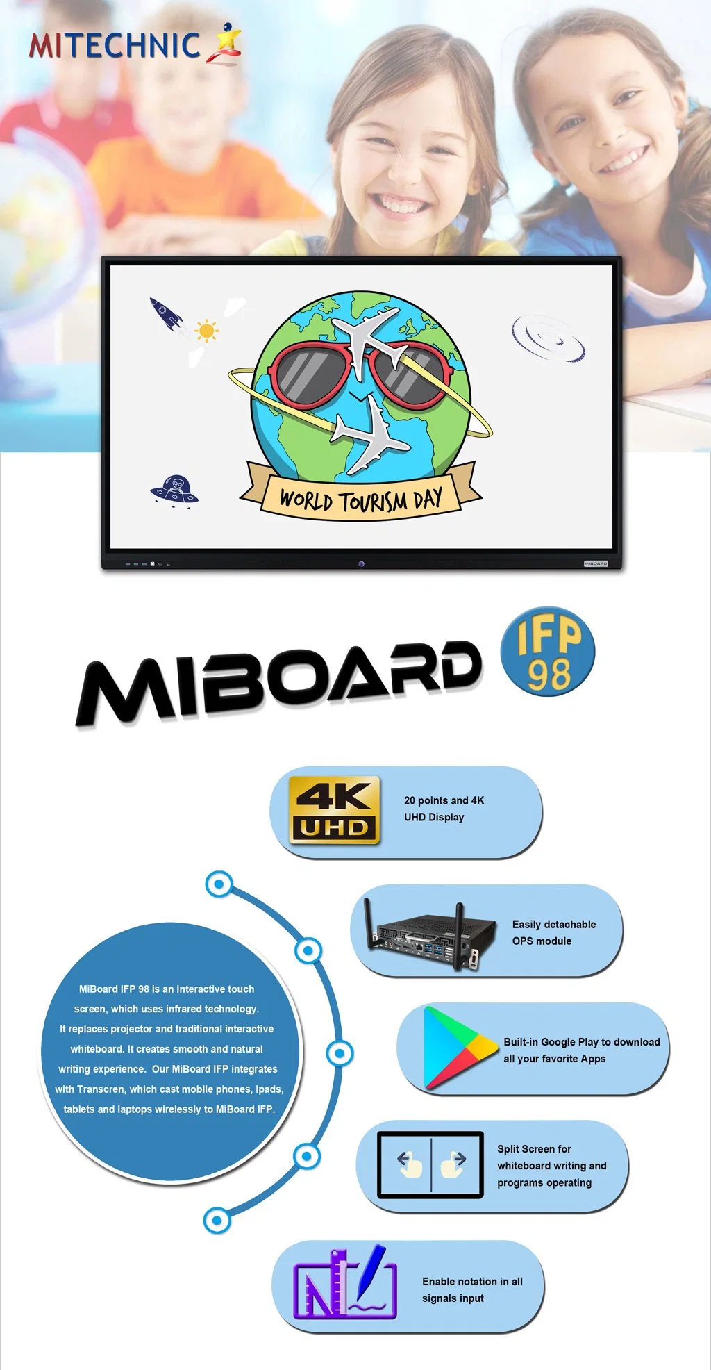 98 Inch Infrared LED Touch Computer Touch Interactive Flat Panel Smart Board Miboard Kiosk Conference Meeting Whiteboard Display LCD Screen Dual Band 2.4G/5g