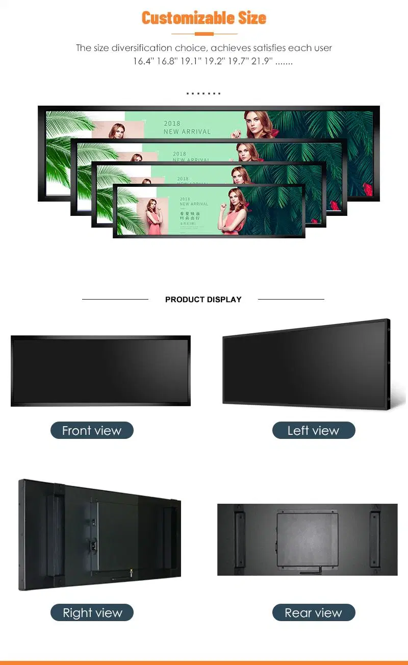 Ultra Wide Stretched Bar Stretched HD LCD LED Advertising Display Network Video Ad Player, Touch Screen WiFi Network Bus Digital Billboard Signage