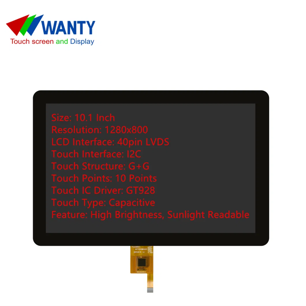 Sunlight Readable 10.1 Inch IPS 1280x800 LVDS LCM Didplay Module IIC 10Points Touchscreen Touch Panel LCD Screen