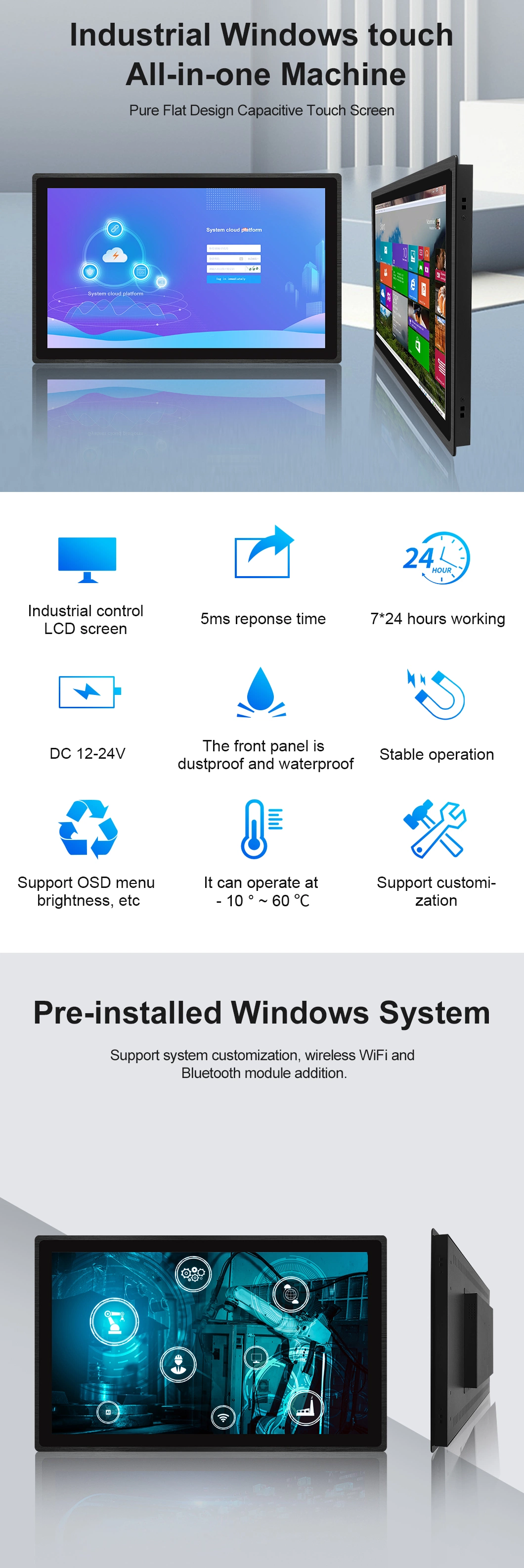 23.6 Inch Waterproof IP65 Touchscreen Display X86 All in One PC Desktop Computer Industrial Monitor with Aluminum Bezel