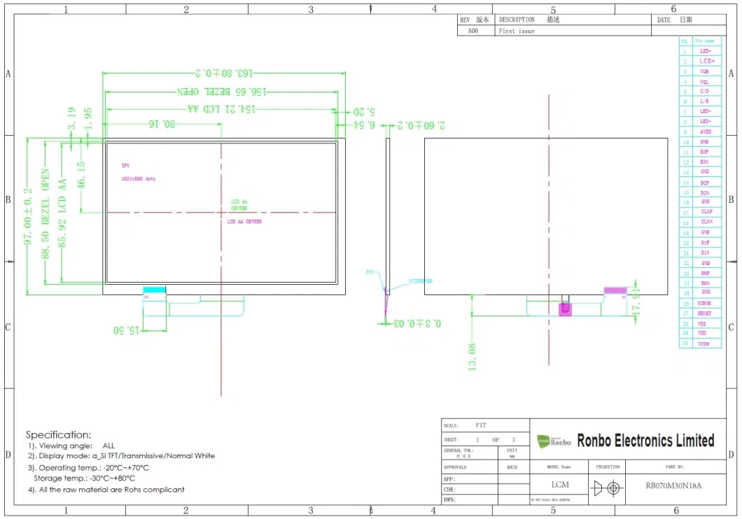 Mipi Interface 7.0 Inch 1024X600 Oca Bonding Capacitive Touch IPS Screen Panel