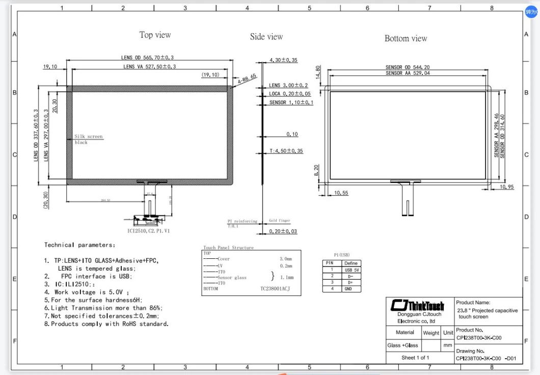 23.8 Inch Industrial Pcap Projected Capacitive Touch Technology Capacitive Touch Screen Panel