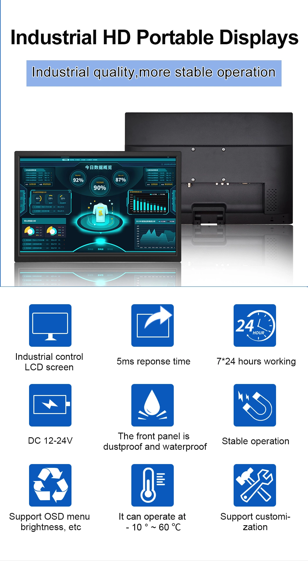 19.2 Inch 1440*900 HDMI VGA AV BNC USB Non Touch Wide Screen Plastic TFT Vesa Wall Mounted Desktop Stand OEM ODM Industrial Factory POS CCTV Monitor