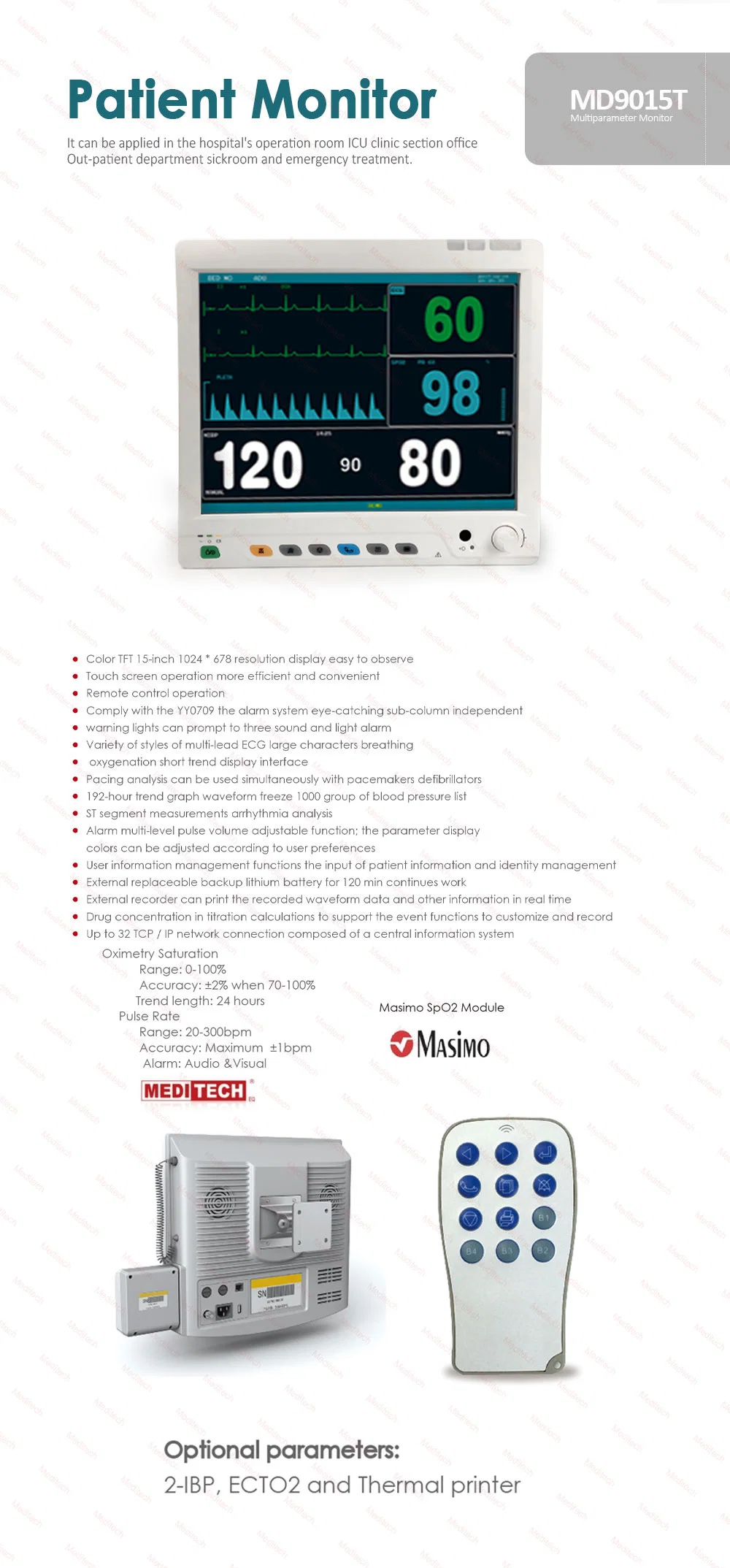 6 Parameters Patient Monitor, Large Touch Screen with Masimo SpO2 and Free Wall Mount