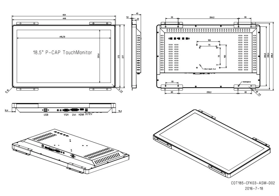 18.5 Inch 1920*1080 Open Frame Capacitive Pcap 10 Points Touch Panel Screen Touchscreen Computer Monitor Integrated with 16: 9 Display