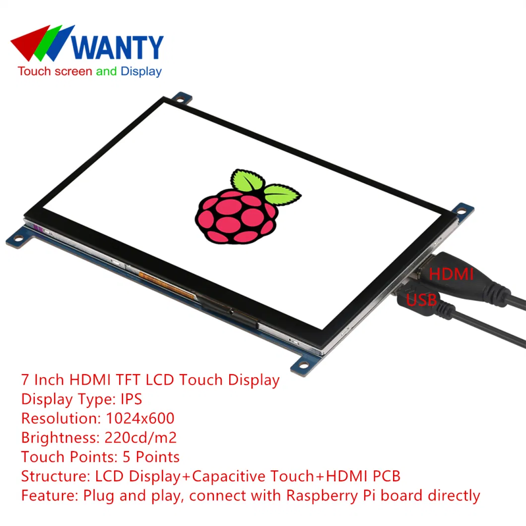 Factory Price 7 Inch 1024x600 IPS Full Viewing Sunlight Readable HDMI TFT LCD Touch Display Monitor For Raspberry Pi