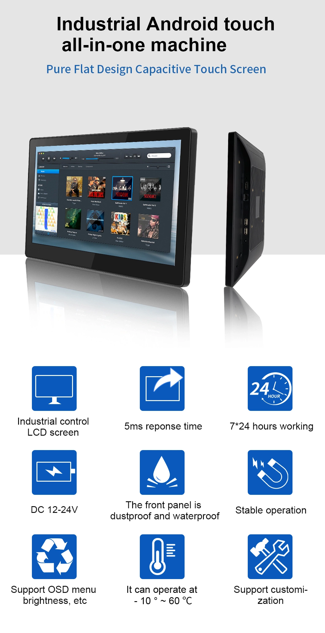 11.6 Inch Rk3288 All in One PC IPS 1920*1080 Wall Mount Industrial Android Tablet IP65 Touchscreen Monitor