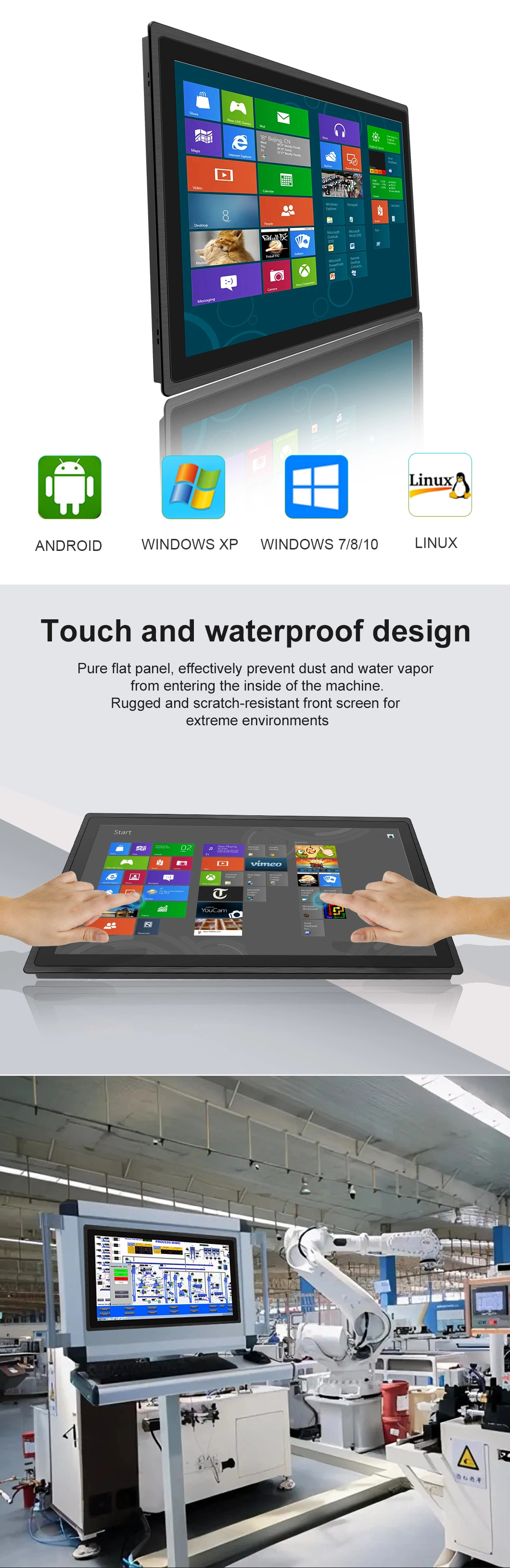 23.6 Inch Waterproof IP65 Touchscreen Display X86 All in One PC Desktop Computer Industrial Monitor with Aluminum Bezel