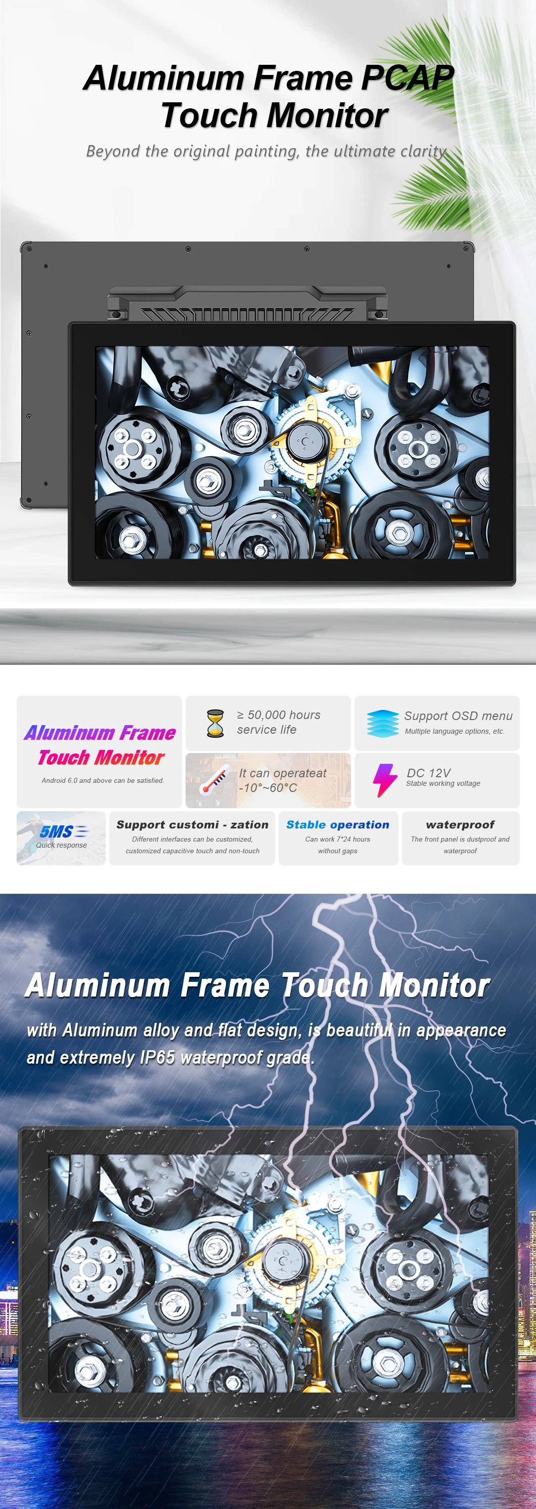 21.5 Inch TFT LCD Industrial Screen IPS VGA Capacitive Pcap Touchscreen Aluminum Frame Industrial LCD Monitor