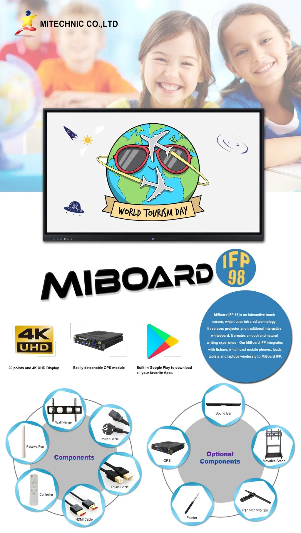 Large Infrared LED Touch Computer Touch Interactive Flat Panel Board Miboard Android Conference Meeting Whiteboard Display LCD Screen Ifp 98&prime; &prime;