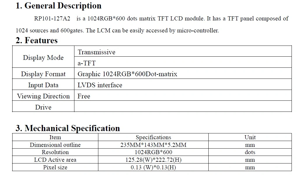 10.1 Inch TFT LCD Display Module 1024 * 600 RGB 50 Pin, Selectable with Resistive or Capacitive Touch Screen